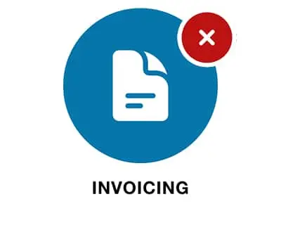 White document icon with blue lines on blue circle background, red circle with white X in corner, text reads INVOICING below