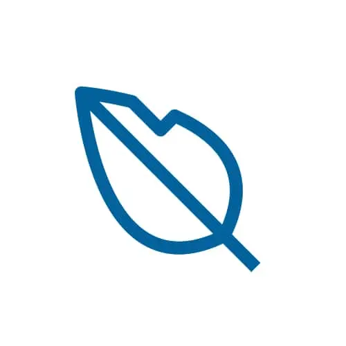 Blue outline icon of a leaf with a diagonal line through it on white background