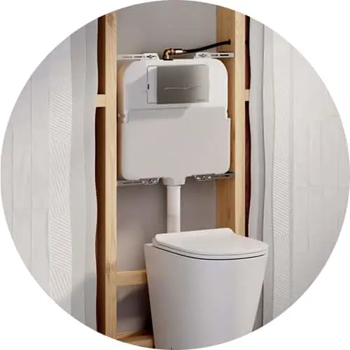 White toilet with wall-mounted tank in wooden frame against white paneled wall