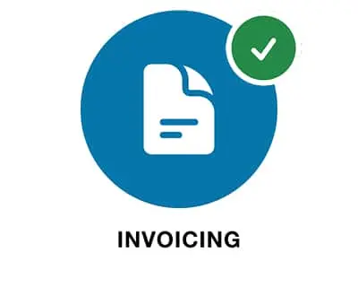 White document icon with blue lines on blue circle background, green checkmark badge in corner, with INVOICING text below