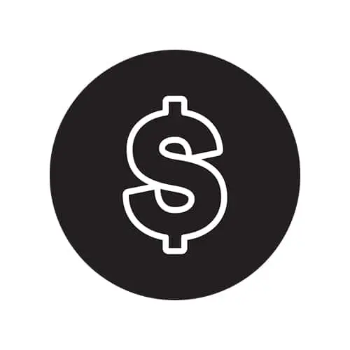 White dollar sign symbol centered on a black circular background