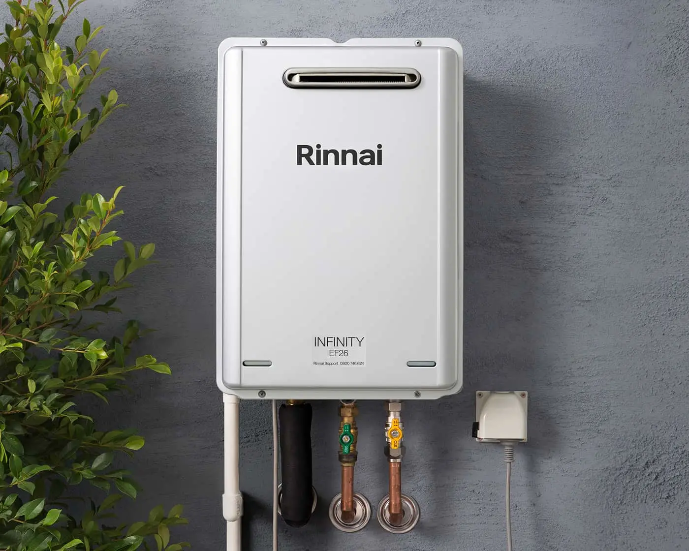 White Rinnai Infinity EF26 tankless water heater mounted on gray wall with copper pipes and green plant beside it.