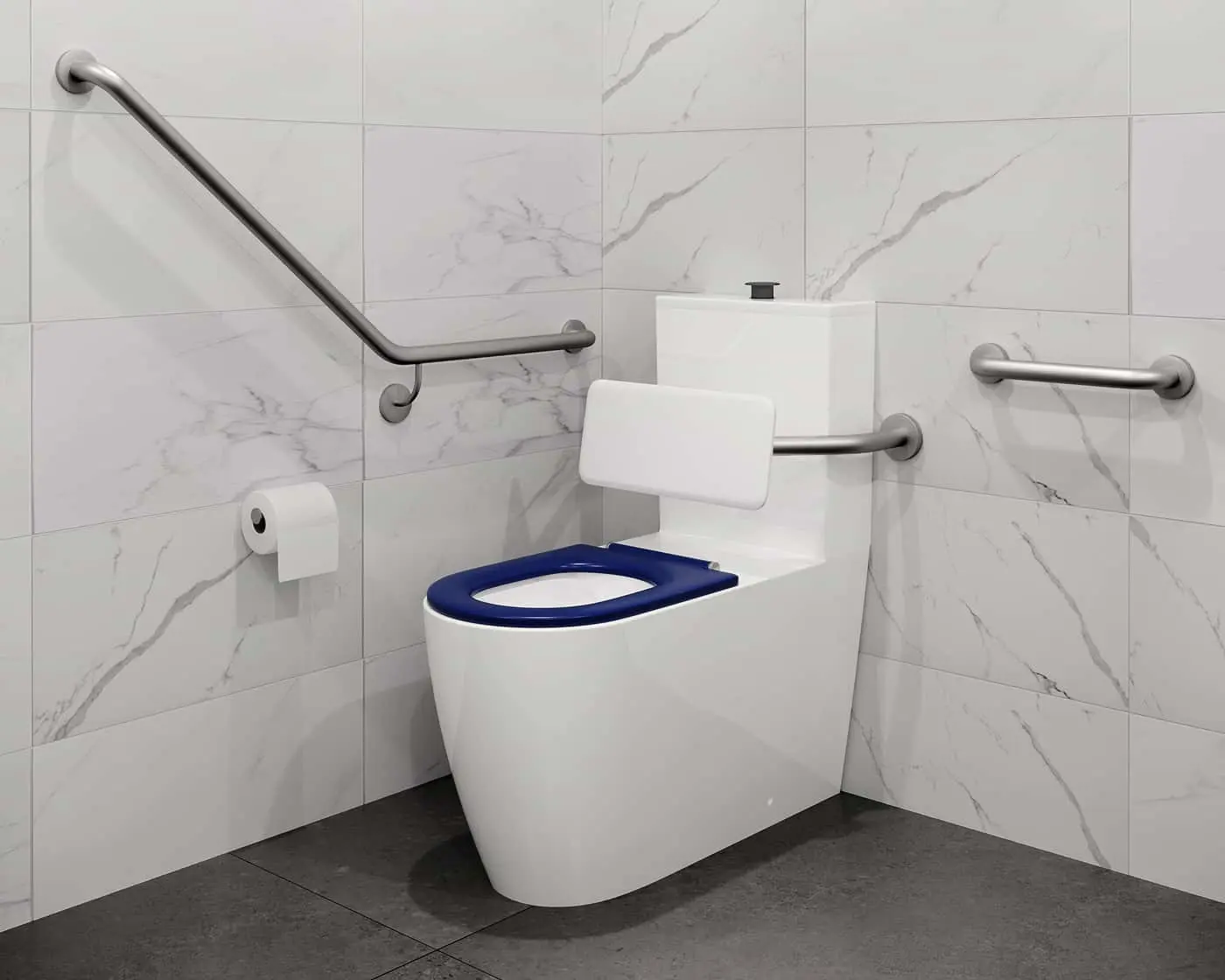 Accessible bathroom with white toilet, blue seat, metal grab bars on marble-patterned walls, and toilet paper holder.