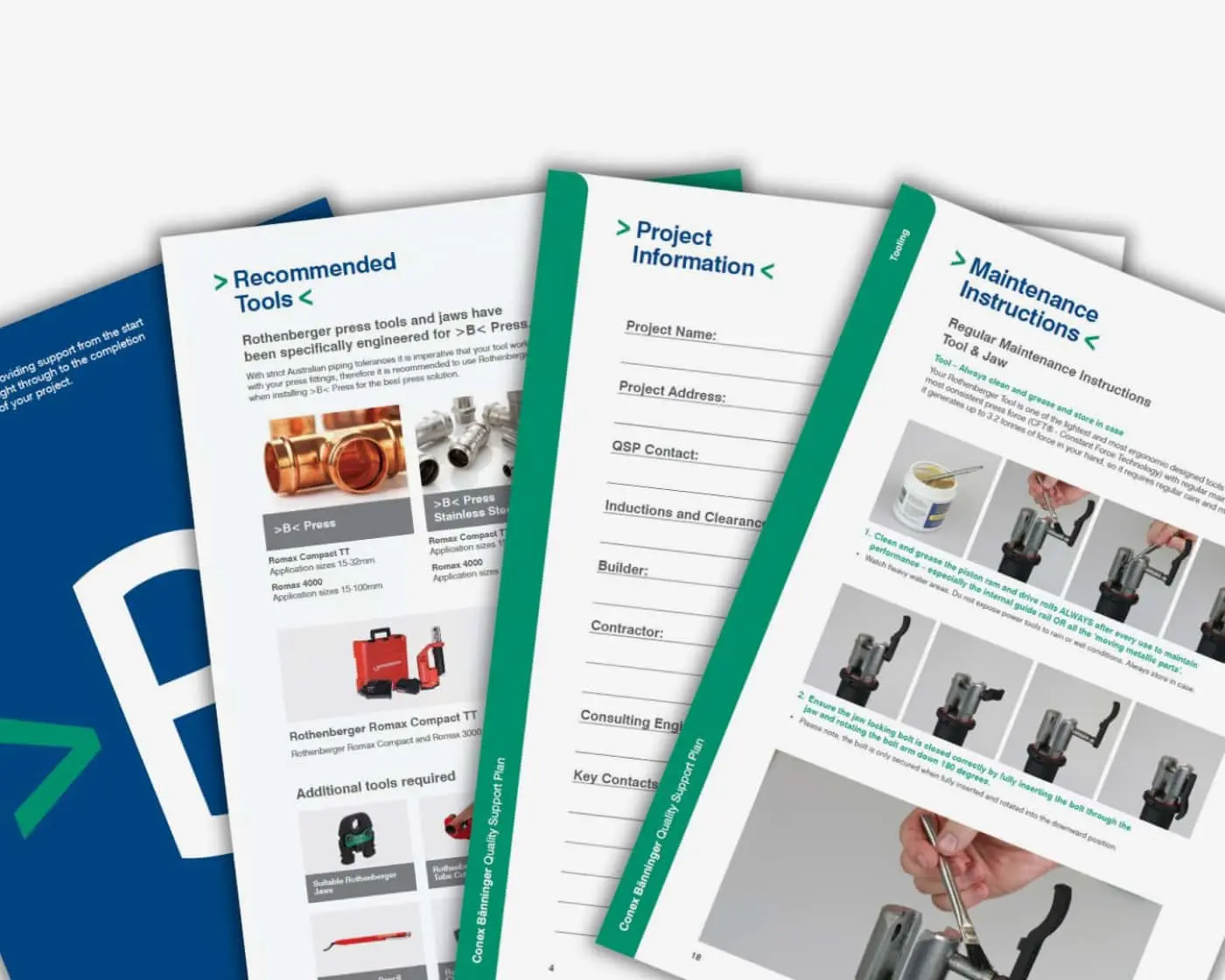 Three overlapping documents showing project information, recommended tools, and maintenance instructions pages.