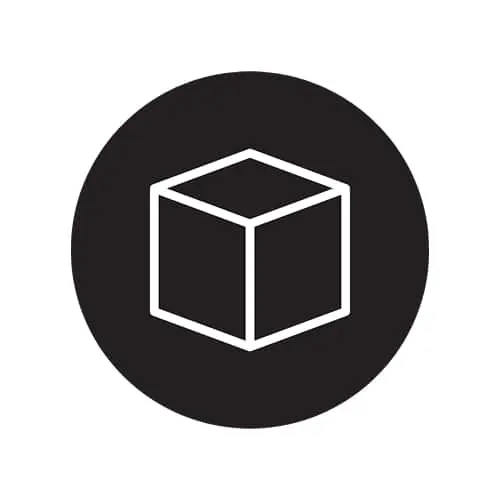 White cube outline icon on a black circular background