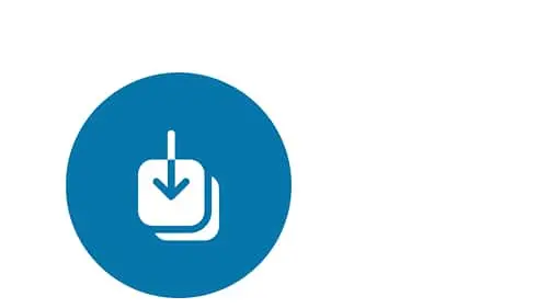 White download icon with downward arrow on stacked squares inside a blue circle