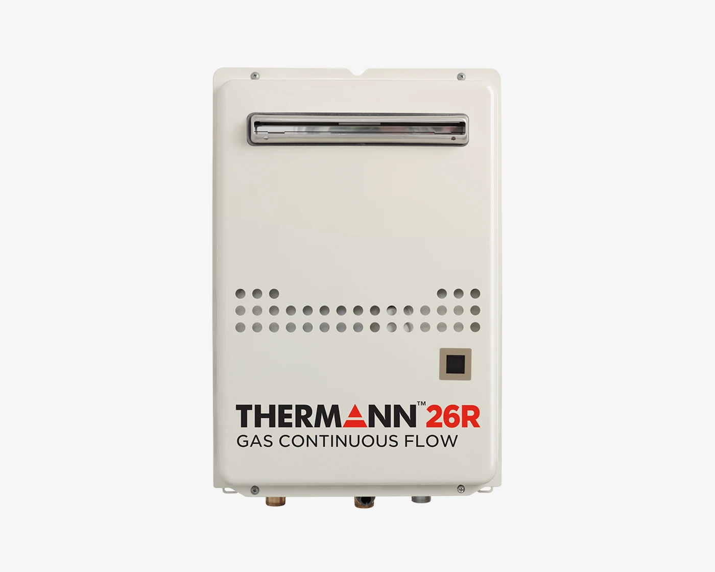 Cream-colored Thermann 26R gas continuous flow water heater with ventilation grilles and control panel on front.