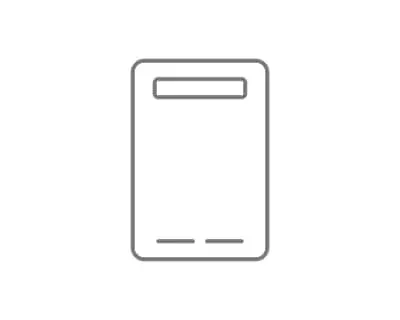 Simple line drawing icon of a continuous flow hot water system.