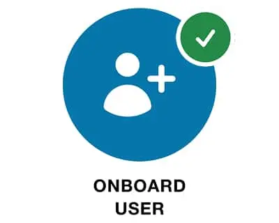 Blue circle with white user icon and plus sign, green checkmark badge in corner, text reads Onboard User below