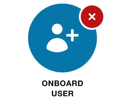 Blue circle with white user icon and plus sign, red circle with white X in corner, text reads Onboard User
