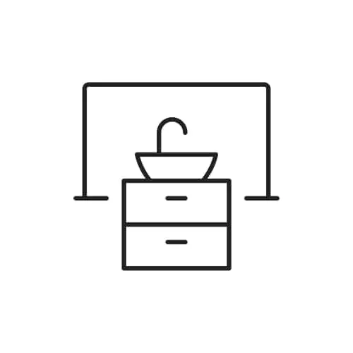 Line drawing of a bathroom vanity with sink and faucet on a cabinet with two drawers against a wall.