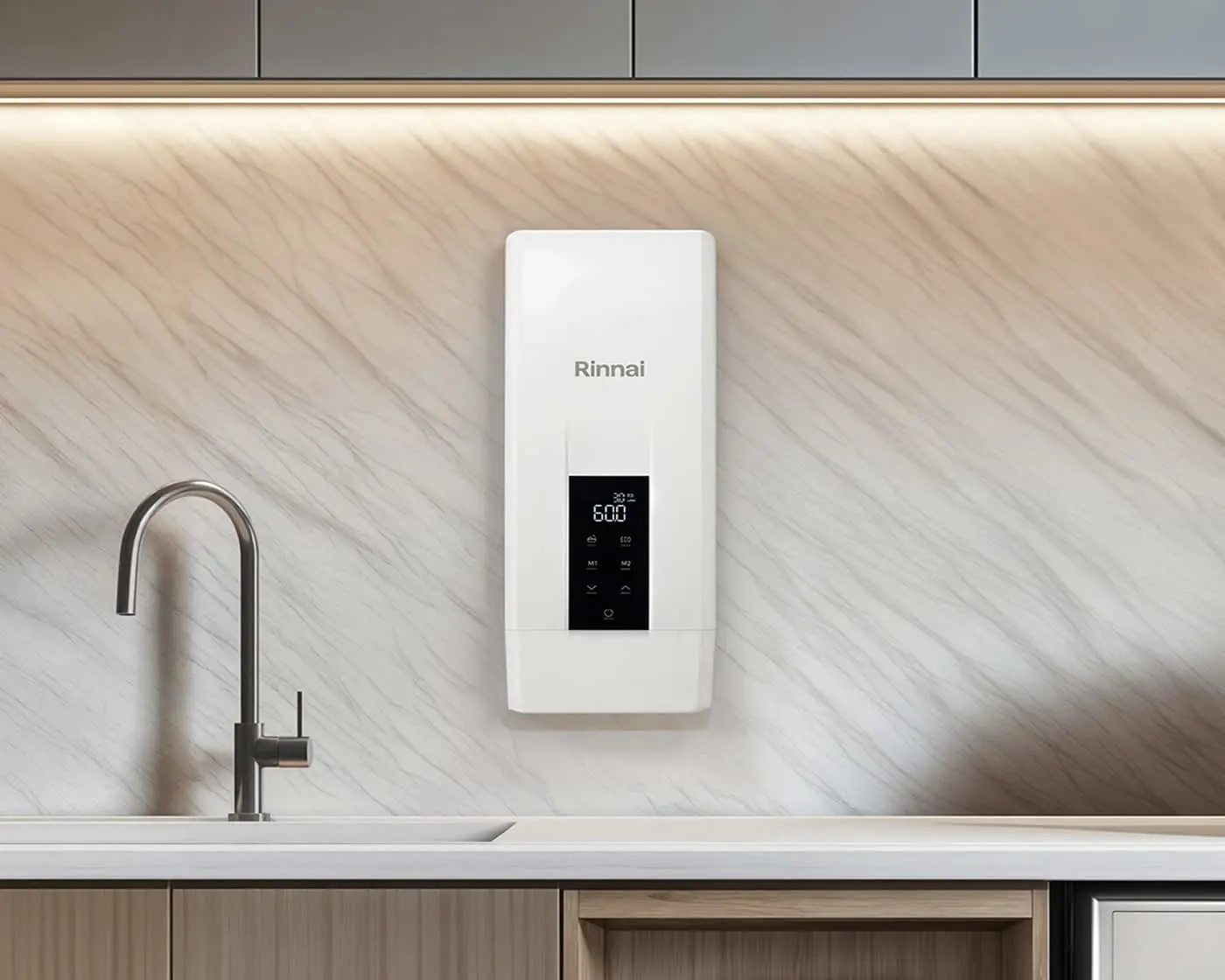 White Rinnai tankless water heater with digital display mounted on kitchen wall next to sink faucet.