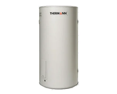White cylindrical Thermann brand hot water heater tank on white background
