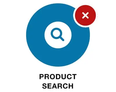 Blue circle with magnifying glass icon and red circle with white X, above text reading Product Search