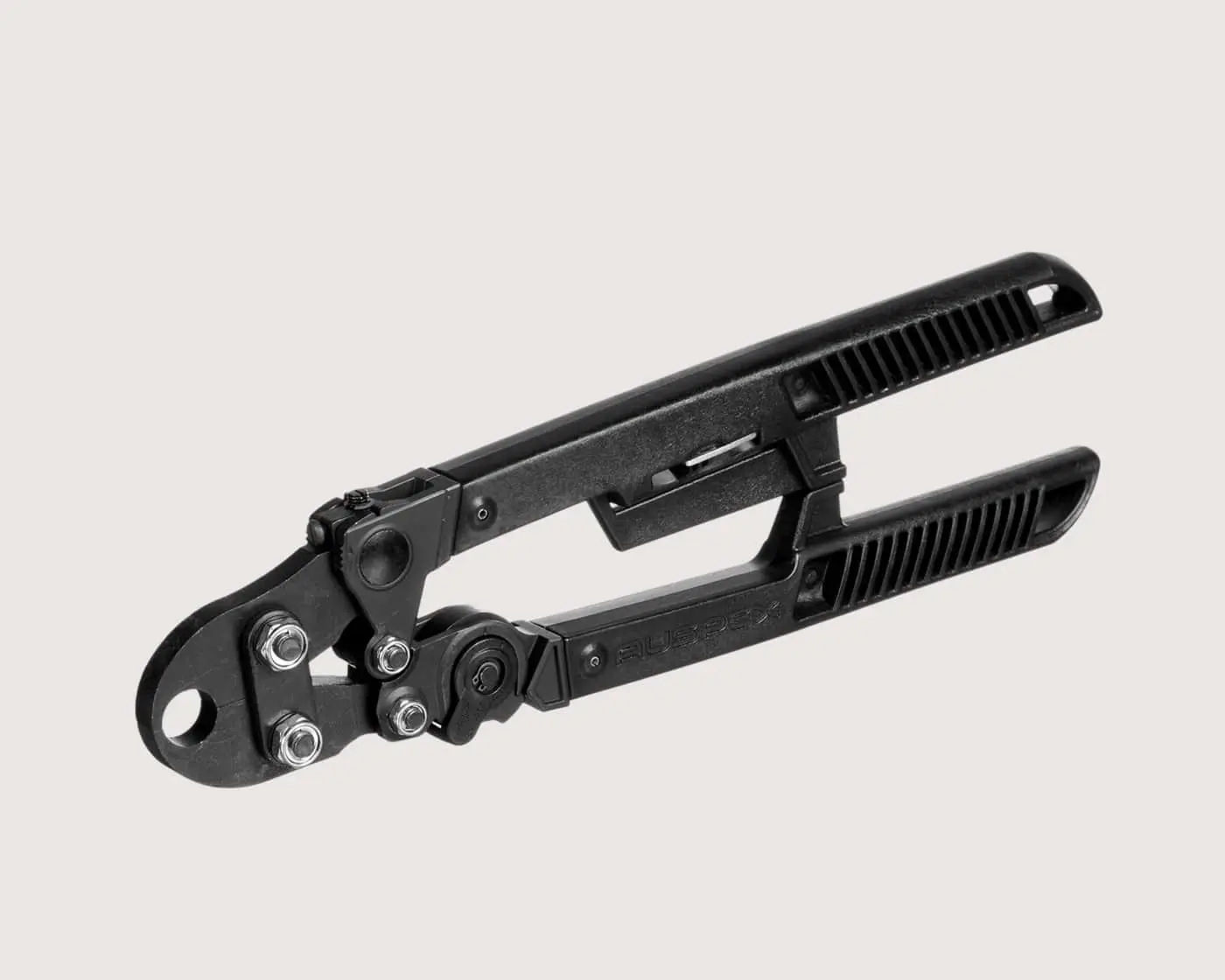 Black cable cutting tool with textured handles and metal pivot mechanism on light gray background.
