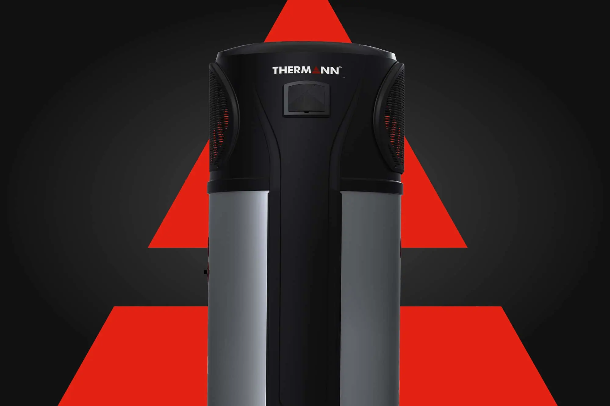 Black and gray Thermann heat pump water heater with red accent lighting against a red triangle on black background.