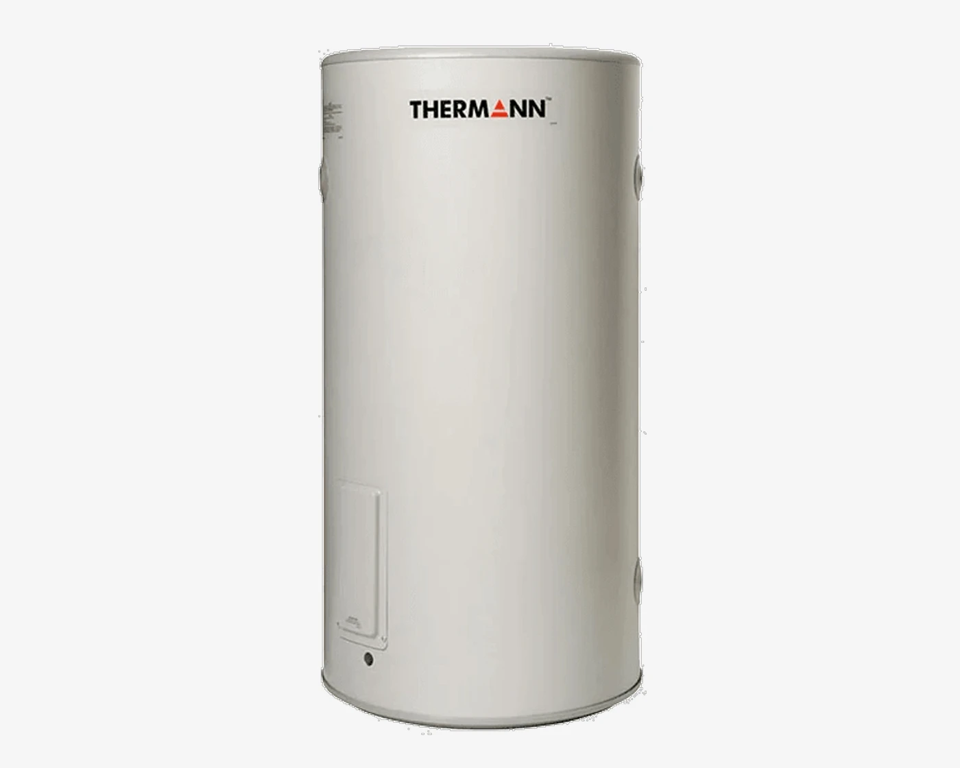 White cylindrical Thermann water heater tank with brand logo at top, shown against light gray background.