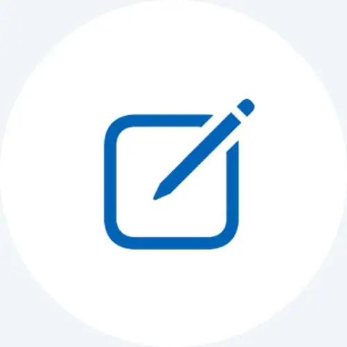 Blue icon of a pencil writing on a square notepad on a white circular background