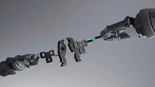 Mechanical components of tool, deconstructed, floating against a gray background.