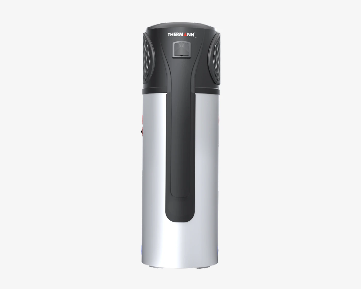 Thermann heat pump water heater with dark gray top unit and white cylindrical tank on light background.
