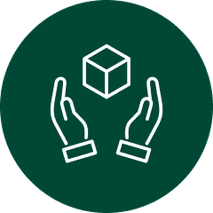 White outline of two hands holding a cube icon on a dark green circular background
