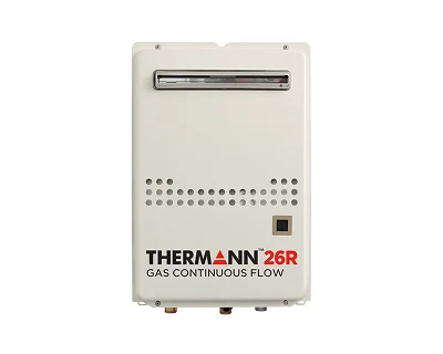 White Thermann 26R gas continuous flow water heater with ventilation grilles and branding on front panel.