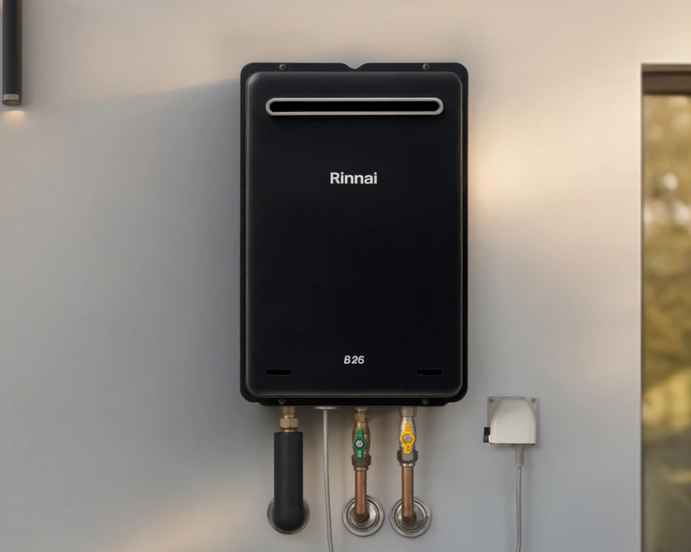 Black Rinnai B26 tankless water heater mounted on a beige wall with pipes and electrical connection visible below.