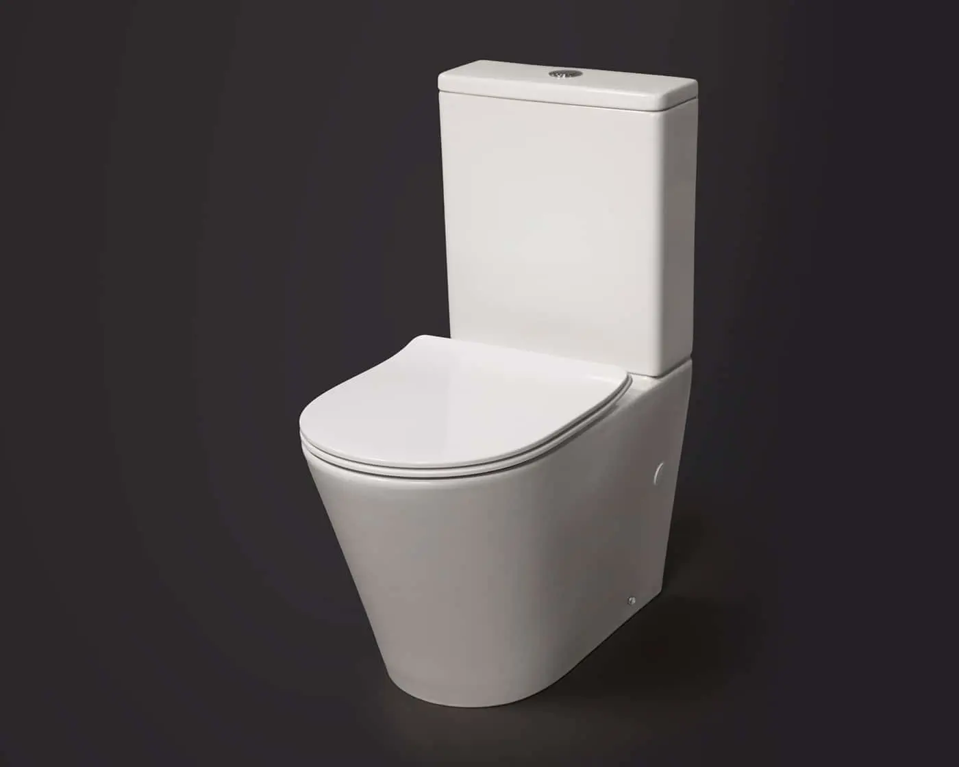 White two-piece toilet with closed lid and flush button on top, shown against a dark gray background.