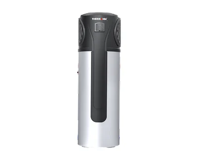 Gray and white cylindrical heat pump water heater with digital display on top