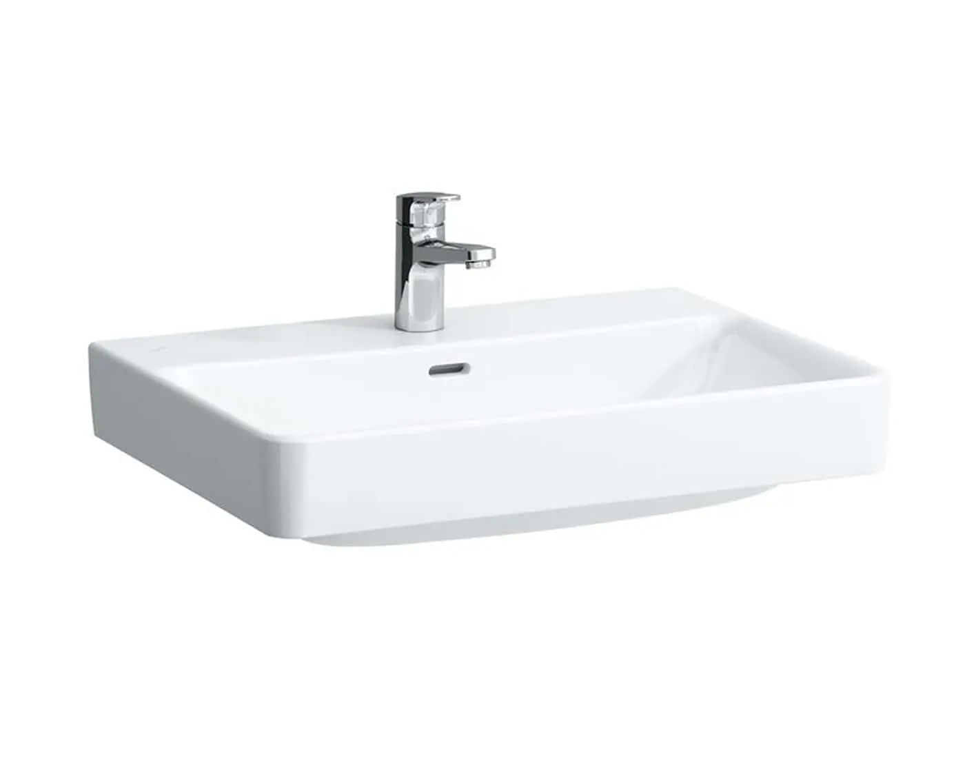 White rectangular bathroom sink with chrome faucet on white background
