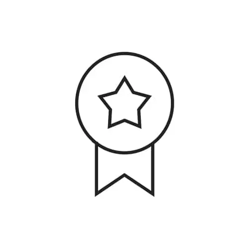 Black outline icon of an award ribbon with a star in the center circle and a notched ribbon tail below.