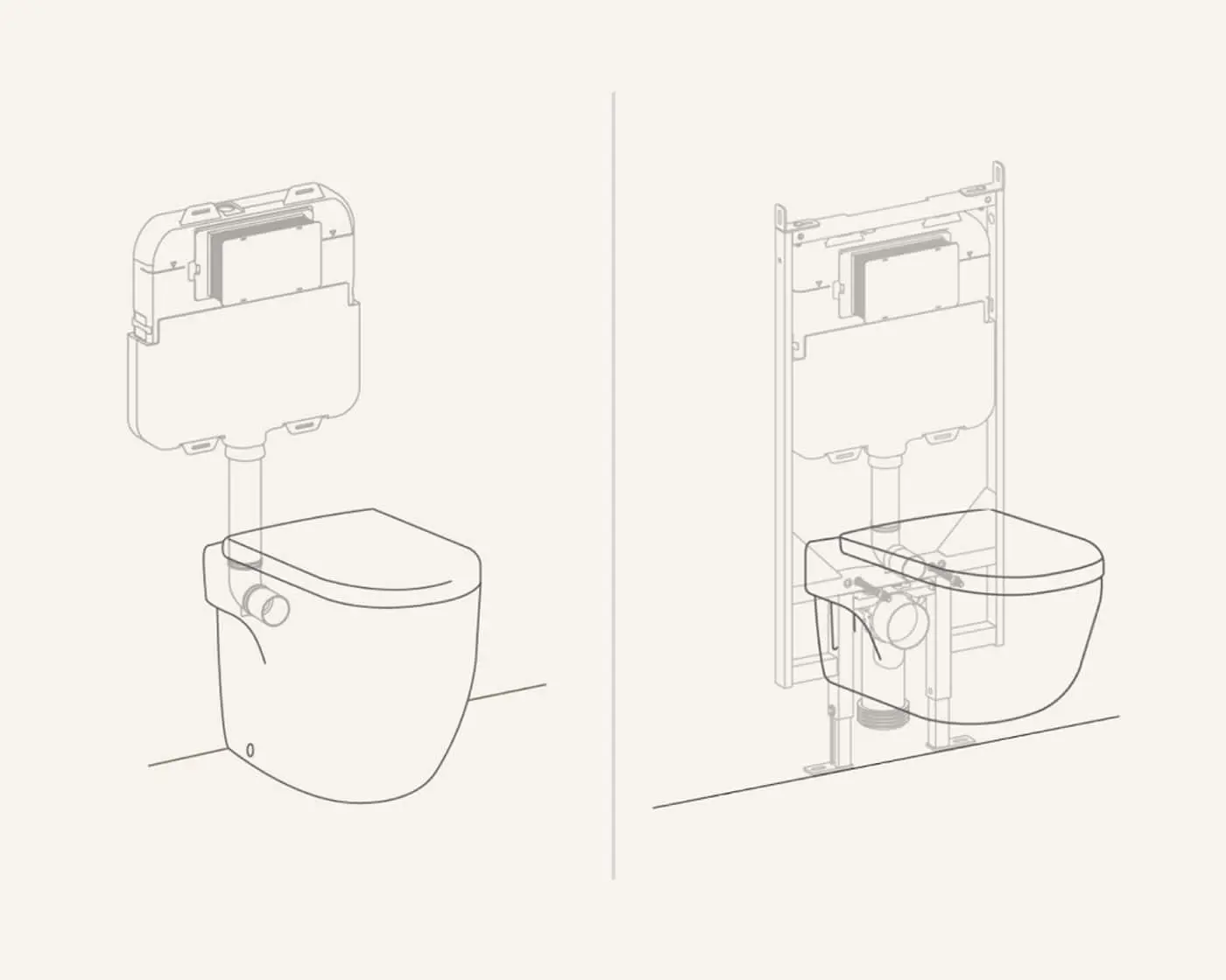 Technical diagram showing two views of a toilet with concealed cistern, one closed and one with internal plumbing visible.