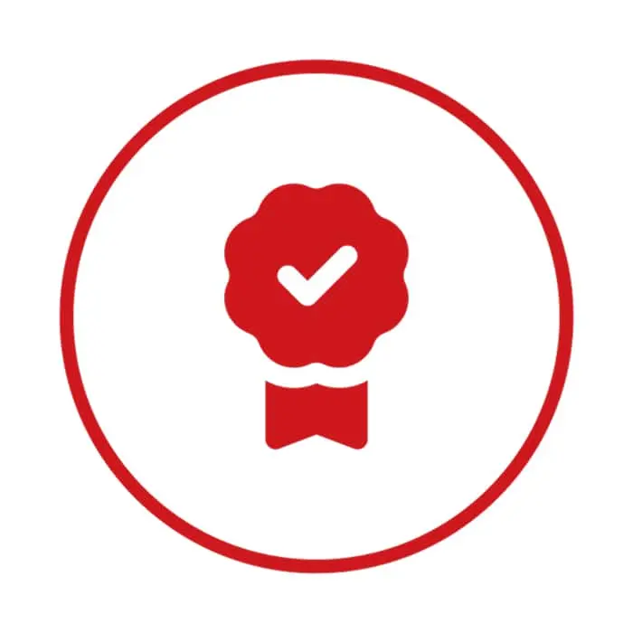 Red circular icon with a badge containing a white checkmark above a red ribbon on white background.