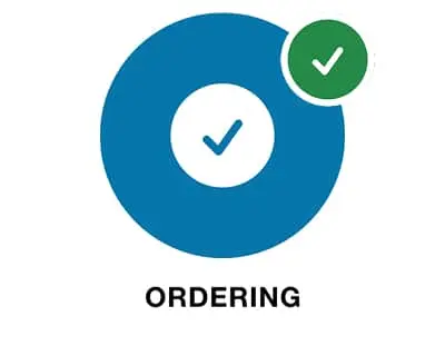 Blue circle with white checkmark in center and green circle with white checkmark in upper right, text reads ORDERING