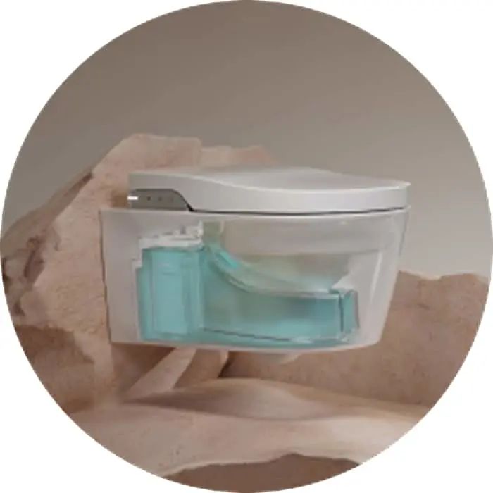Clear toilet pan showing internal parts against a neutral background.