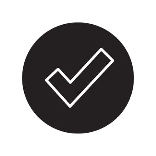 White checkmark icon inside a black circular background