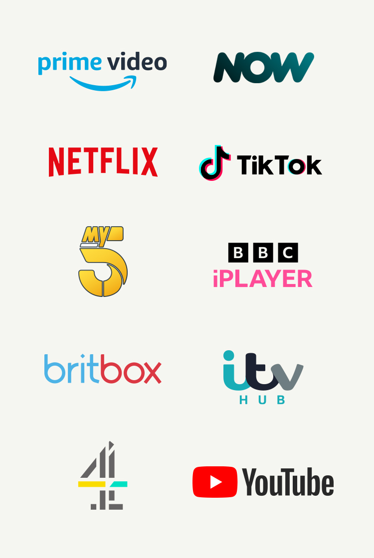 Netflix, iPlayer, ITV X, NOW, Prime Video and YouTube logos