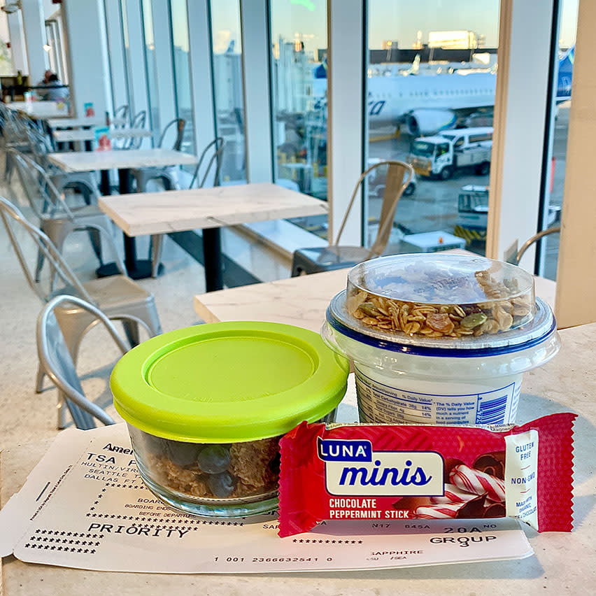 Visual LUNA Bar Chocolate Peppermint Stick Minis, yogurt and blueberries airplane snacks