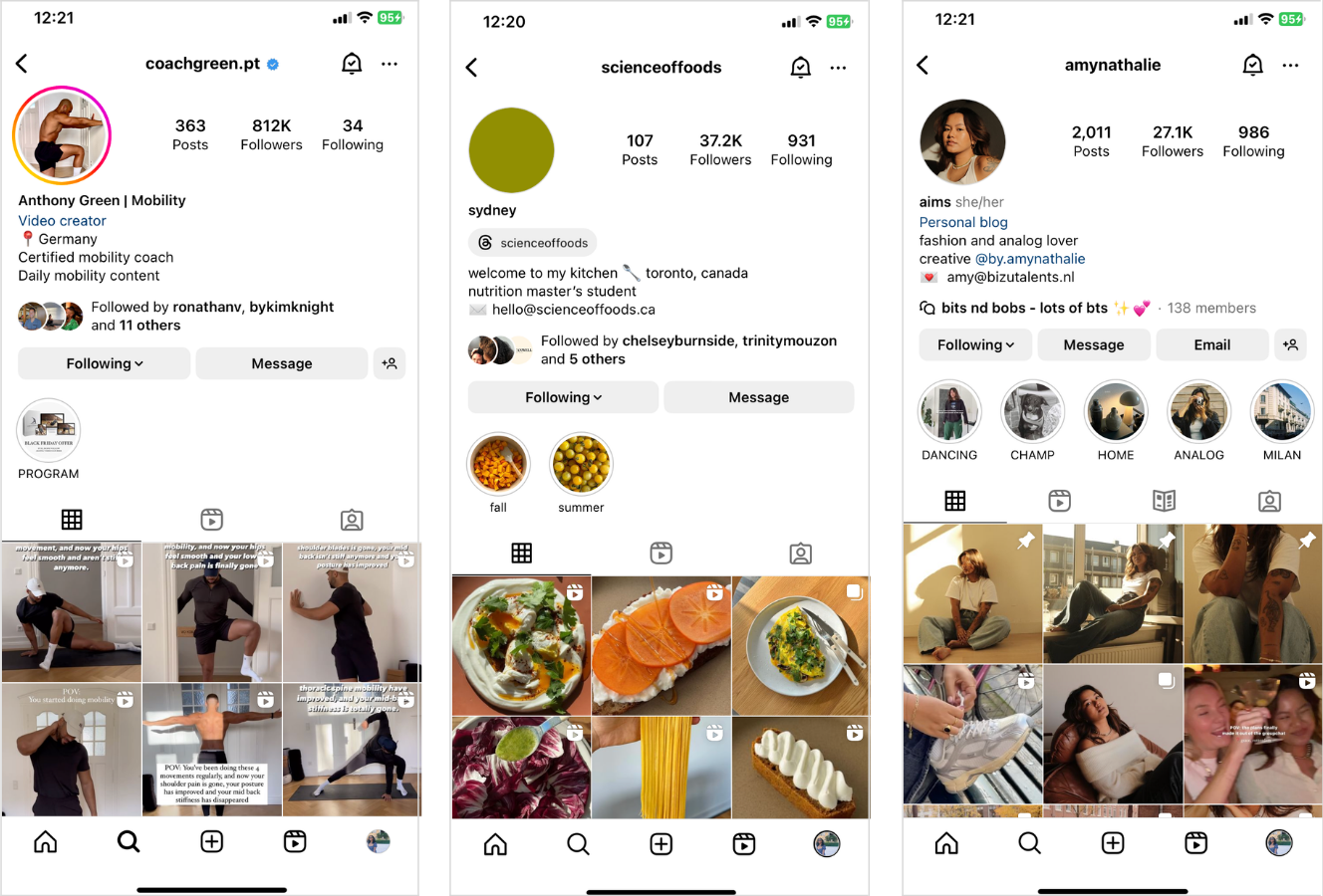 Examples of cohesive Instagram feeds: @coachgreen.pt, @scienceoffoods, @amynathalie