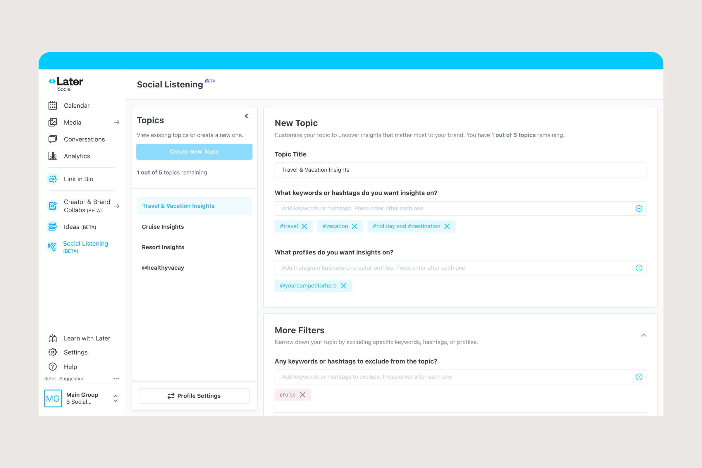 Travel brand tracks key topics using Later social listening tool