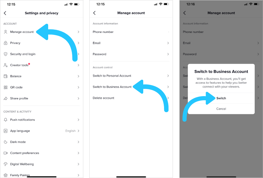 A step by step guide to switching to a TikTok business account in account settings