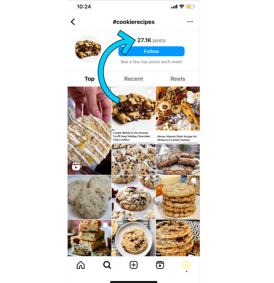 Search volume of "#cookierecipes" on Instagram, with an arrow pointing to 27.1K posts under the hashtag.