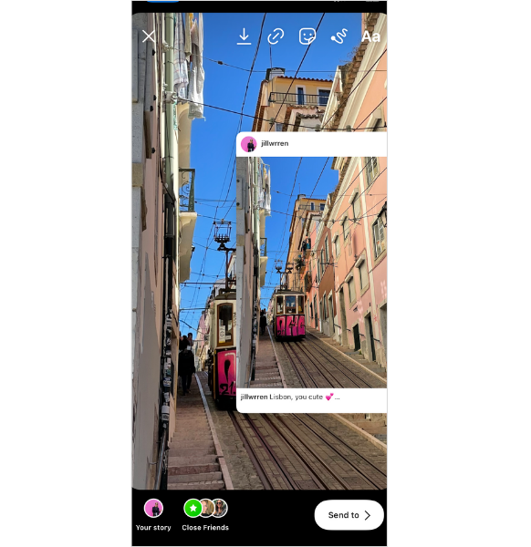 The background image of an Instagram story features a photo of a streetcar in Lisbon