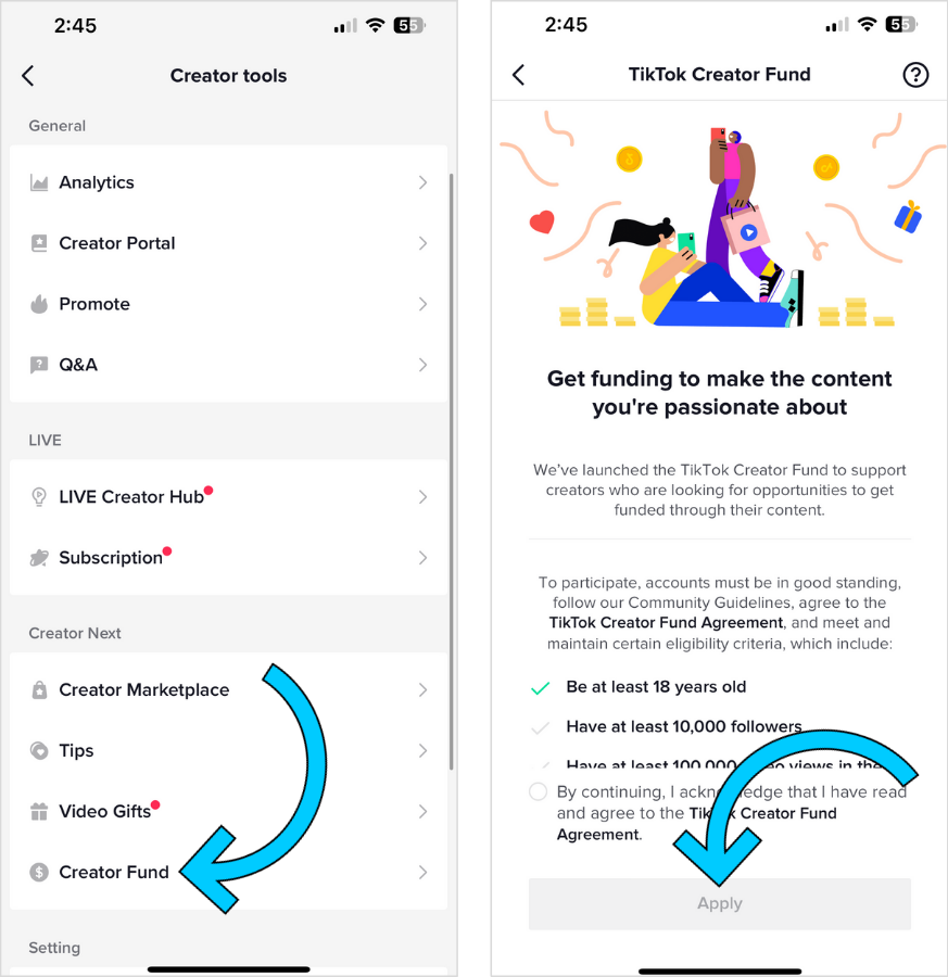 Later joins the TikTok creator fund by clicking Creator Fund and accepting the agreement.