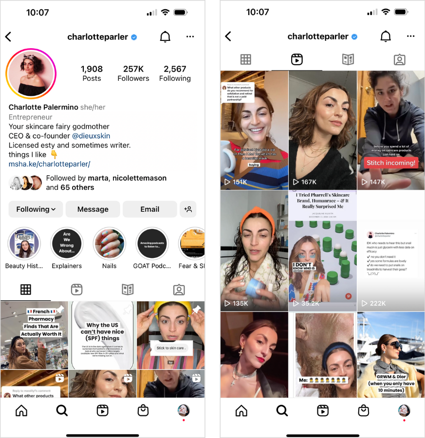 Charlotte Palermino Instagram bio and Reels feed