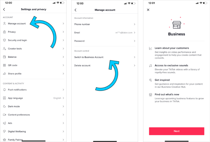 Screenshots showing how to switch from a personal to a Business account on TikTok