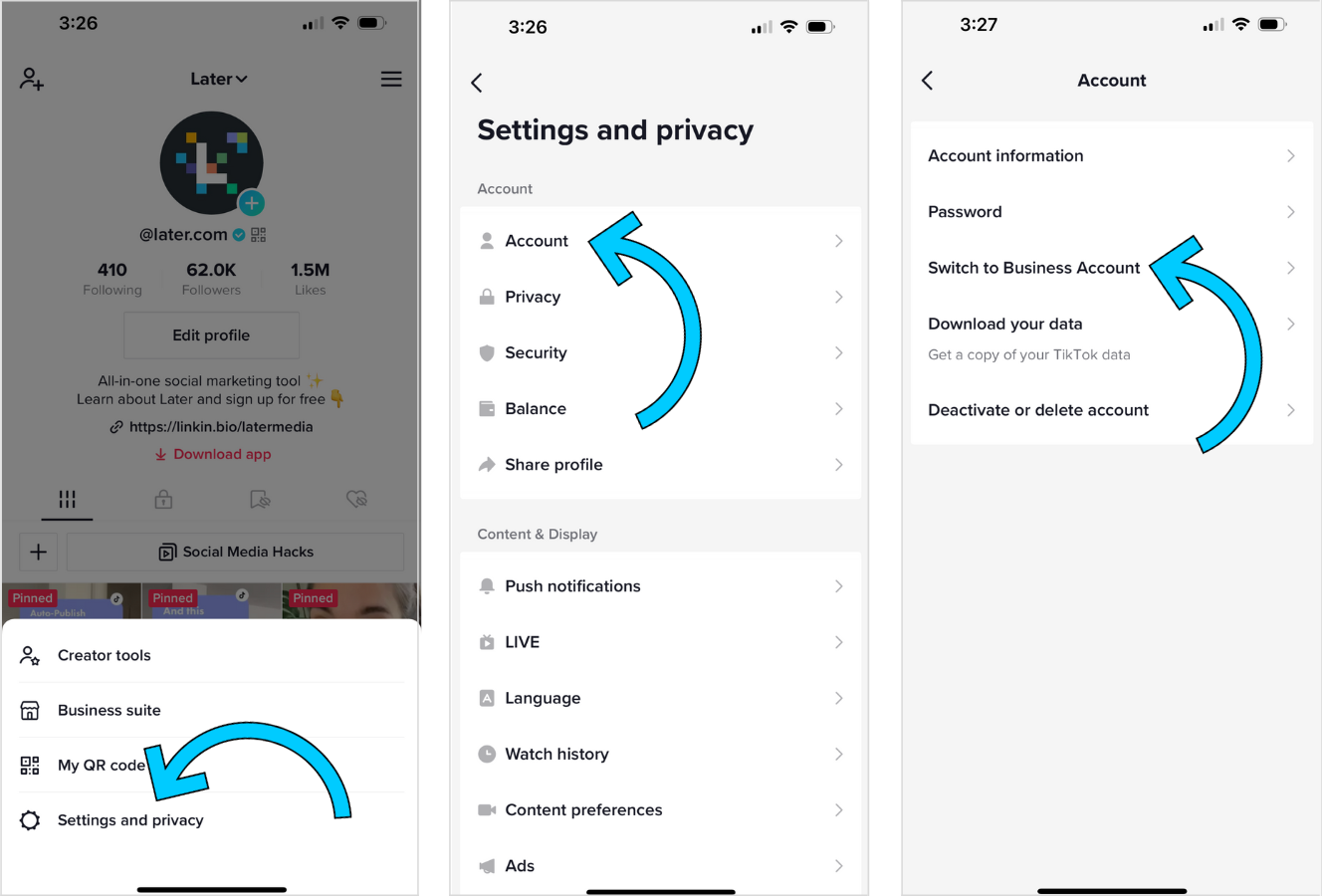 Screenshots showing how to switch from a personal to a Business account on TikTok