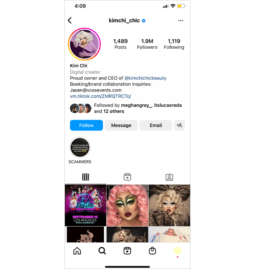 Kim Chi's instagram profile featuring a high resolution headshot as her profile picture. 