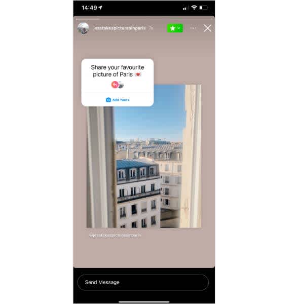 An Add Yours sticker invites users to share a favorite photo of Paris