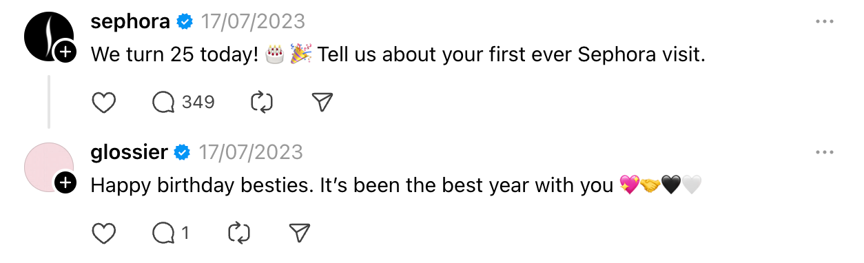 Glossier wishes Sephora a happy 25th birthday on threads